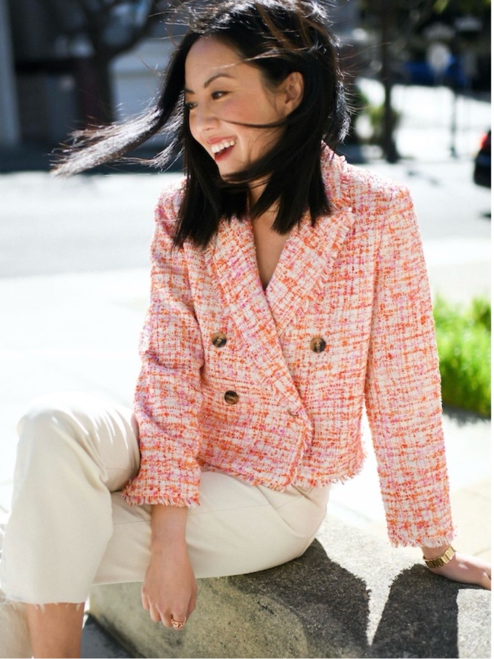 Ann Taylor Fringe‎ Tweed Double Breasted Crop Blazer Pink Orange 10 Preppy Chic